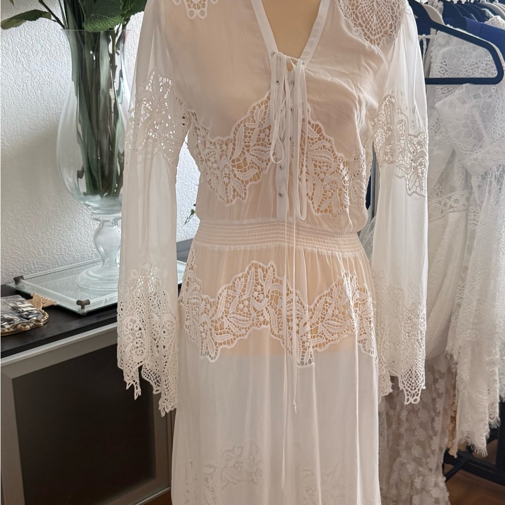 Sheer White Lace-Trim Maxi Robe with Tie Front